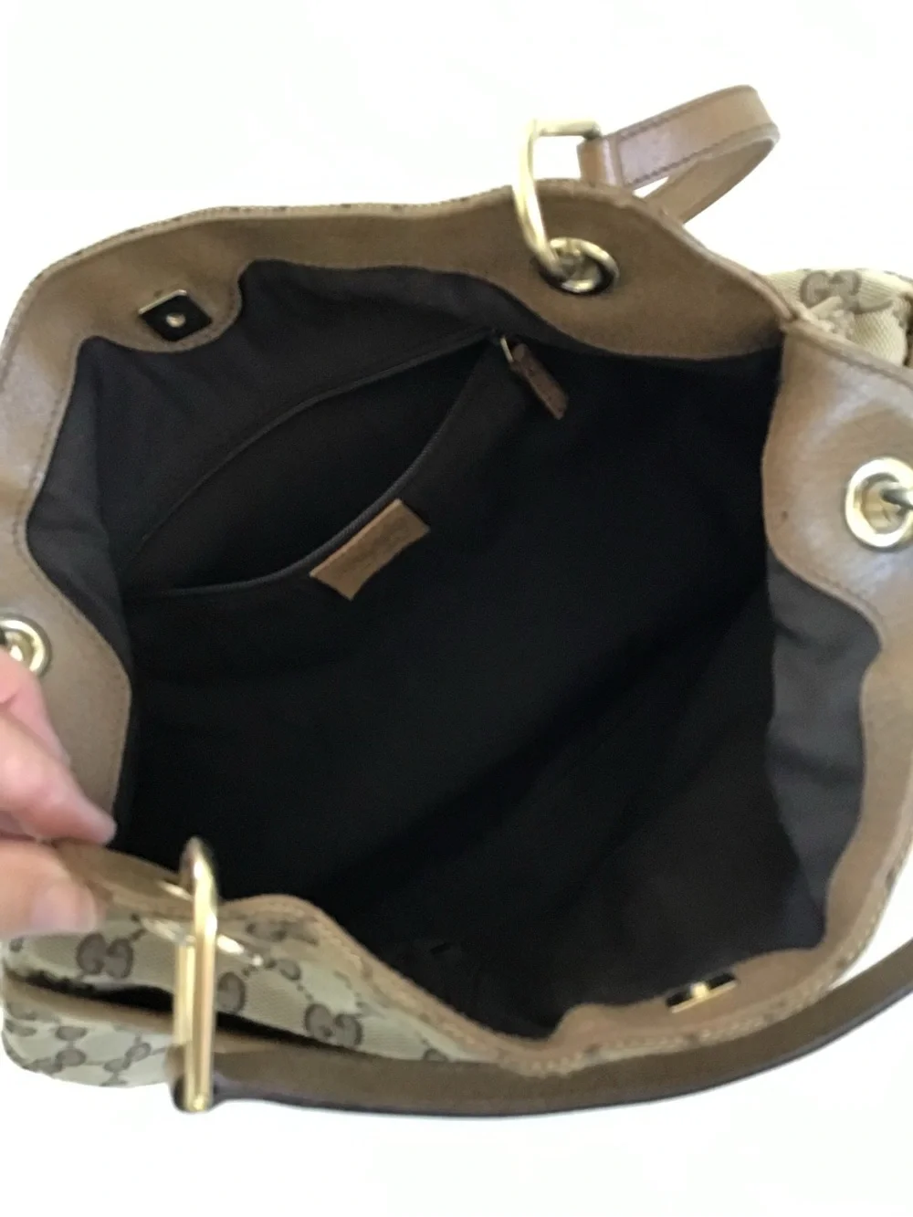 Gucci GG Canvas Eclipse Shoulder Bag Beige Brown Monogram Leather Trim Italy - Picture 9 of 15